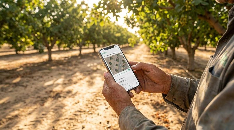 Agronomist checking crop data on smartphone in the field